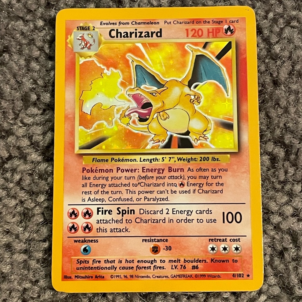 100% Authentic 1999 Pokémon TCG Rare Holographic Charizard 4/102